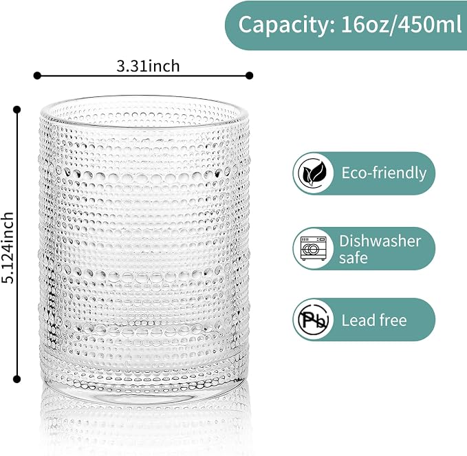 Hobnail Drinking Glasses Set of 6, 16 Oz Vintage Embossed Glass Cup Kitchen Glassware Water Tumblers for Cocktails, Beer, Juice, Whiskey