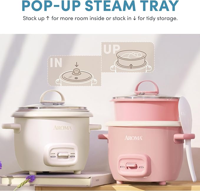 AROMA CoreCoat™ Mini Rice Cooker (3 Cups Cooked) with Nonstick Ceramic Pot Coating, Glass Lid, and Pop-Up Steamer Tray, 0.8 Quart