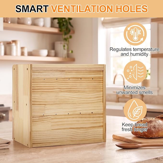 Alpeir Wooden Bread Box for Kitchen Countertop, Large Double Layer, Nature | Food-Safe Pine Wood, Double-Row Ventilation, Strong Acrylic Window, Raised Top Shelf, Easy Care, Farmhouse Corner Container