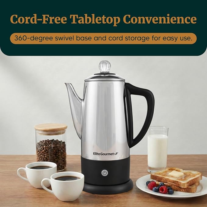 Elite Gourmet EC812 Electric 12-Cup Coffee Percolator, Stainless Steel | Keep Warm, clear brew progress knob, cool-touch handle, cordless serving base - great for entertaining