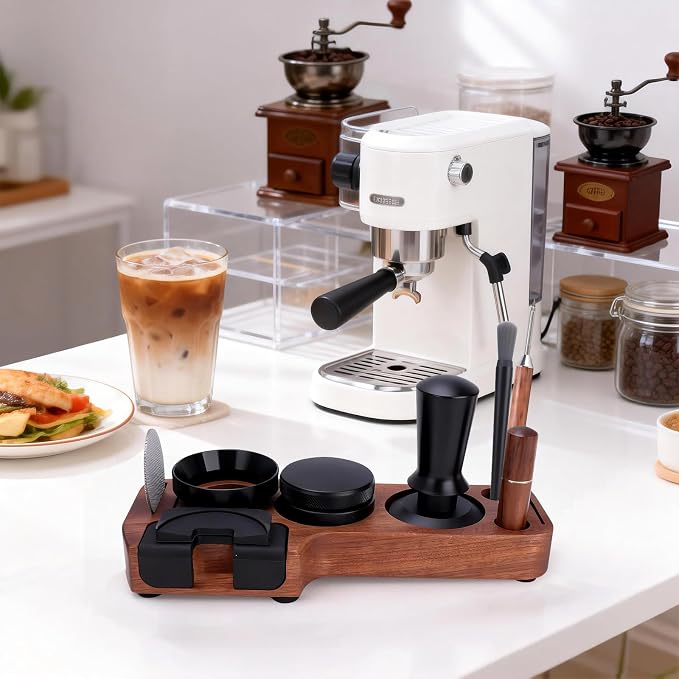 9-in-1 Espresso Tool Set: 54mm Tamper, WDT Tool, Distributor, Magnetic Funnel, Puck Screen, Brush, Cleaning Cloth, Latte Art Needle & Wooden Stand for Breville De'Longhi