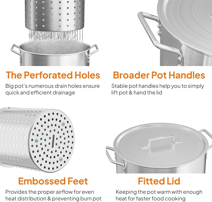 Bonnlo 30QT Aluminum Stock Pot for Boiling Seafood, Crawfish & Crab, Frying Turkey & Steaming Tamales, Large Boil Pot with Strainer Basket, Lid, Lifting Hook & Steamer Rack for Outdoor Cooking