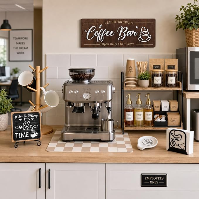 7 PCS Coffee Bar Accessories Set, Farmhouse Coffee Station Organizer Kit | Kitchen Coffee Table Decor for Countertop, Napkin Mug Holder Spoon Rest Tray Mat Sign, Kitchen Home Decor Gifts for Men Women