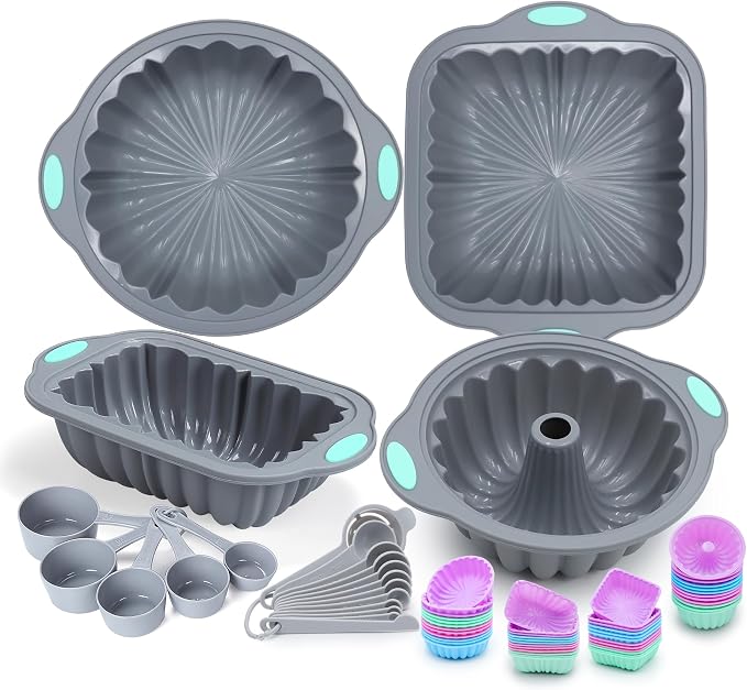 69 Pieces Silicone Baking Set, Non-Stick Bakeware Set with Cake Pans, Muffin Cups, Food Grade Silicone Baking Molds for Cakes, Bread, Muffins, Brownies, Light Grey