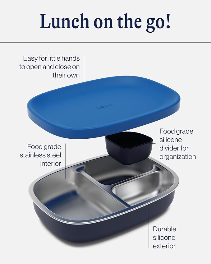 Lalo Bento Box - Dishwasher Safe, Easy to Open & Clean Silicone & Stainless Steel Lunch Box for Kids, Portable for Daycare - Blue Raspberry