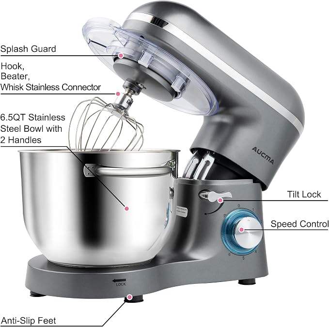 Aucma Stand Mixer,6.5-QT 660W 6-Speed Tilt-Head Food Mixer, Kitchen Electric Mixer with Dough Hook, Wire Whip & Beater (Gray, 6.5QT)