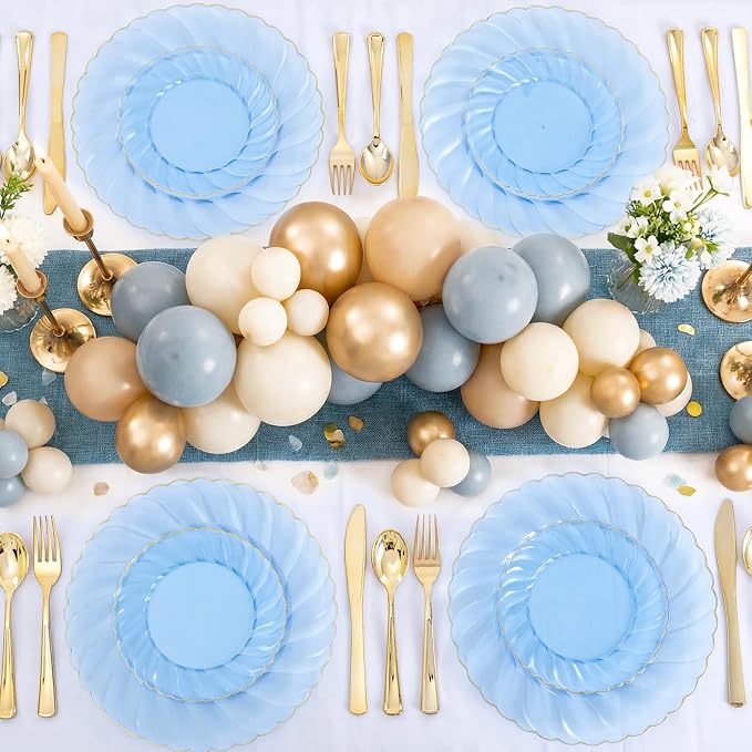 YOUBET 125PCS Clear Blue Gold Plastic Plates - Blue Disposable Plates With Gold Rim Include 25 Dinner Plates 25 Dessert Plates 75 Golden Silverwares for Wedding Birthday & Parties | Clear Blue Disposable Plates With Gold Rim Include 25 Dinner Plates 25...