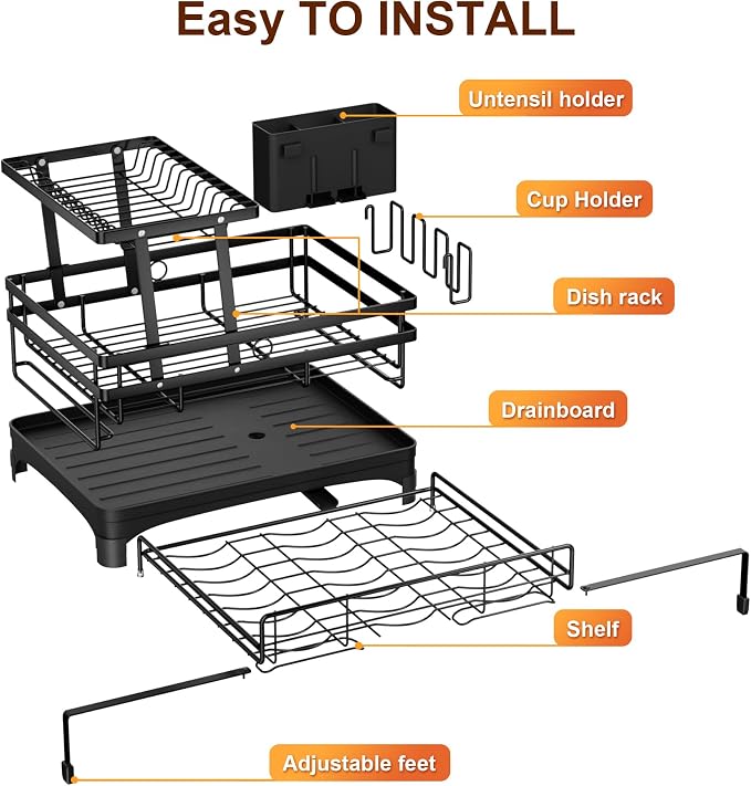 Hanyi 2-Tier Expandable Dish Drying Rack for Counter and Over Sink | Large-capacity rack with foldable upper tier, 15.7-26.4 in over-sink extension, automatic drainage and rust-resistant frame