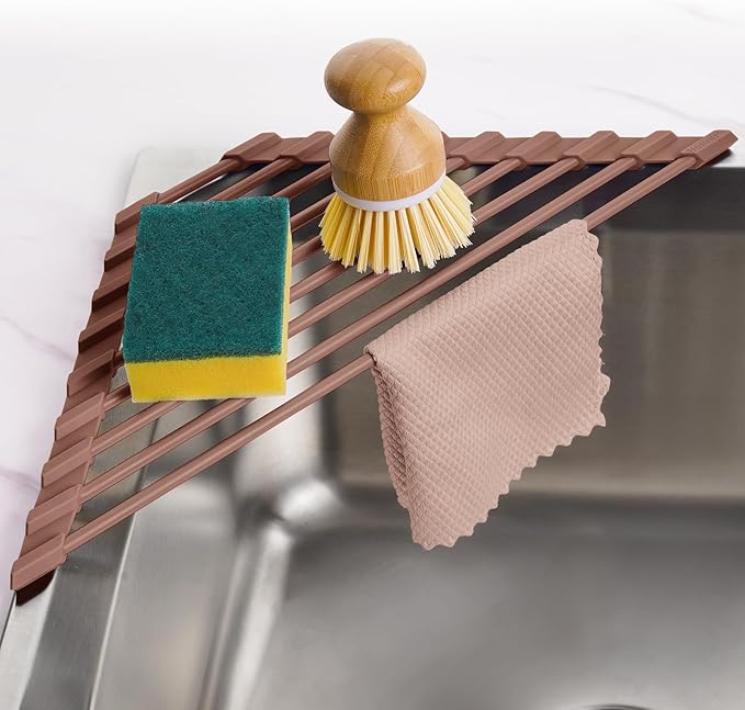 Tomorotec Triangle Roll Up Dish Drying Rack with Silicone Coating, Brown | 304 Stainless Steel with BPA-Free Silicone, Triangle Design Maximizes Sink Corner Space, Fits Compact Kitchens And RVs
