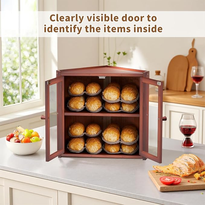 BAMBANG Bread Box, Double Layer Bamboo Bread Bin for Homemade Bread Bakers and Corner Kitchen Countertop with Double Doors, Not Suitable for Oversized Loaves, Brown