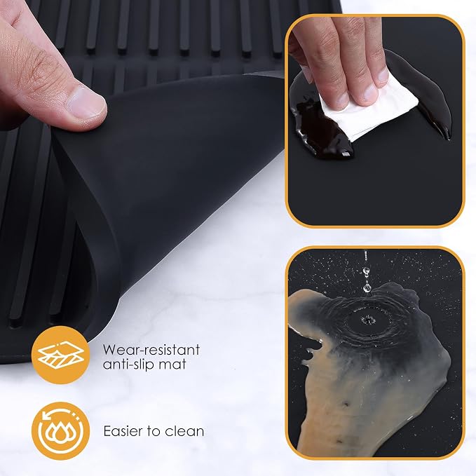 Silicone Coffee Mat with Raised Edges, 20'' X 12'', Bar Mat for Countertops, Accessories Fit Under Coffee Maker Espresso Machine, Dish Drying Mat (BLACK)