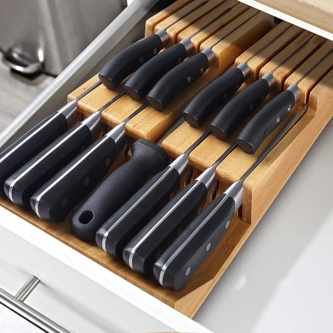 NIUXX Bamboo In-Drawer Knife Block Set for 12 Knives(Not Included) | Large Kitchen Detachable Washable Cutlery Slot Organizer Storage Holder for Sharpening Steel and Cutter
