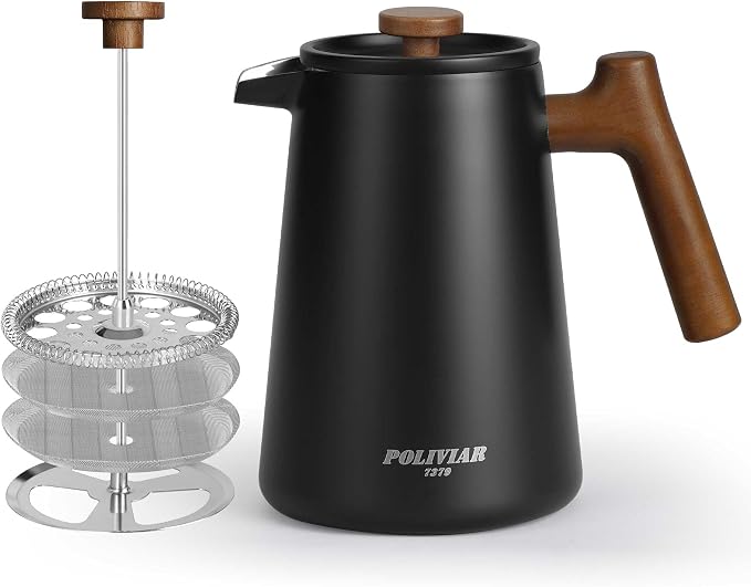POLIVIAR French Press Coffee Maker, 34 oz | Real Wood Handle, Double Wall Insulation, Dual-Filter Screen, Food Grade Stainless Steel, For Coffee and Tea, Black