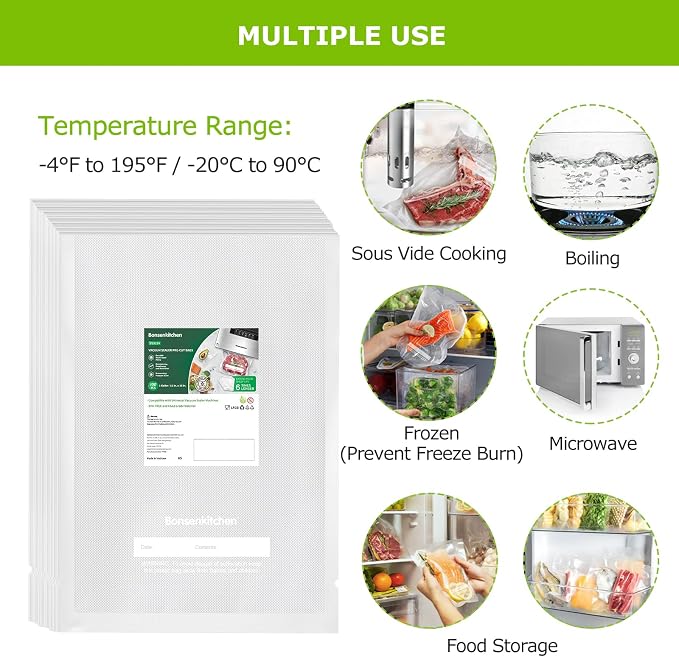 Bonsenkitchen Precut Vacuum Sealer Bags, 100 Gallon 11" x 16" Food Sealer | Food Grade, Heavy Duty, Customized Vacuum Bags for Vac Storage, Meal Prep or Sous Vide Cooking, VB3214, BPA Free