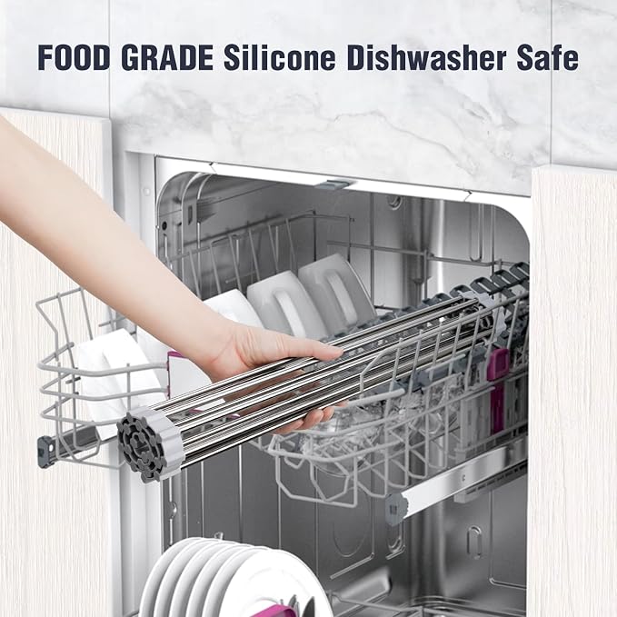 Tomorotec Roll Up Dish Drying Rack Over Sink, 304 Steel, 21x15.5, Grey | Anti-Slip Silicone Rims For Grip, Heat-Resistant Trivet Mat Holding Heavy Cookware, Rustproof Kitchen Counter Space Saver