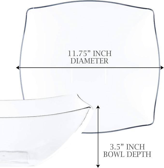 PLASTICPRO Disposable 128 ounce Square Serving Bowls, Party Snack or Salad Bowl, Extra Large Plastic Crystal Clear Pack of 4
