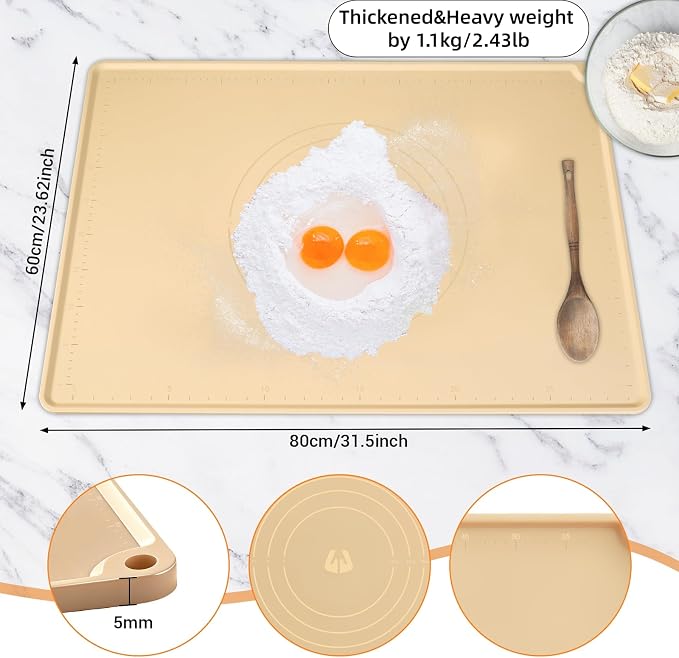 Ink-free Extra Large Silicone Pastry Mat for Healthy Baking 32 * 24Inch Large, Thickness 0.08Inch Heavy Duty Non-Slip Dough Rolling Mat, Non-Stick, Non-Slip and BPA Free Baking Mat.(Beige)
