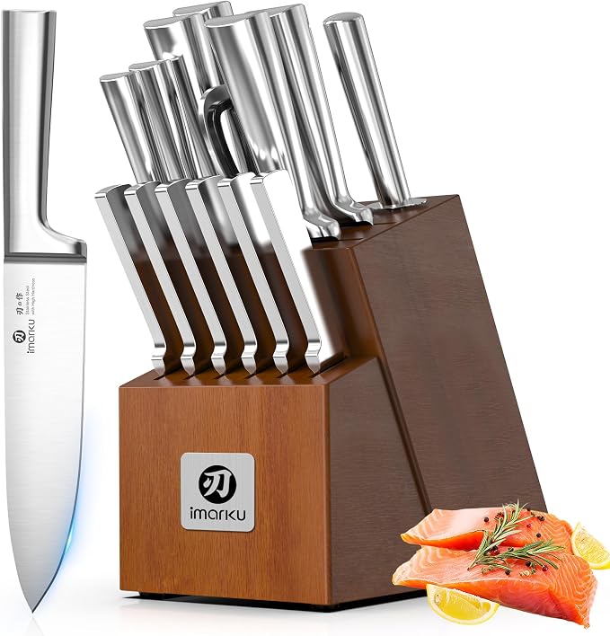 imarku 15-Piece Knife Block Set Built-in Sharpener, Japanese High Carbon Stainless Steel Kitchen Knife Set, Dishwasher Safe, Chef Knife Set with Wooden Knife Block, Santoku Knives for Kitchen Cooking | Japanese High Carbon Stainless Steel Kitchen Knife...