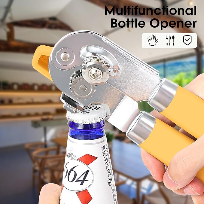 Beneno Heavy Duty Hand Can Opener Manual with Magnet Lid Remover, Yellow | Razor-Sharp Carbon Steel Blade, Precise Smooth Cutting Gear, Big Effort-Saving Knob, Soft Grip Handle, Built-in Bottle Opener