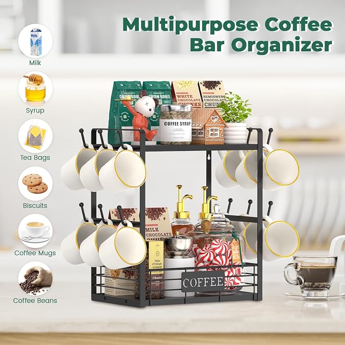 EsLuker.ly Coffee Mug Cup Holder Tree Bar Station Organizer, 2 Tier Black | Mug Stand Rack for Countertop Kitchen, Storage Tower Display Shelf with 12 Hooks, Coffee Nook Enhancer