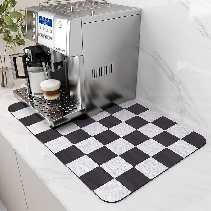 AMOAMI Dish Drying Mat for Kitchen Counter-Coffee Mat Bar Accessories, Hide Stain, Rubber Backed, Absorbent, Fit Under Coffee Maker, Espresso Machine, Pot, Dish Rack,(16X24,Buffalo Black)