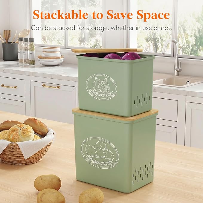 Lifewit Plastic Potato and Onion Storage Bin Box, Set of 2, Green | Stackable Garlic Keeper, Vegetable Container Box, Aerating Holes & Lid for Pantry Countertop