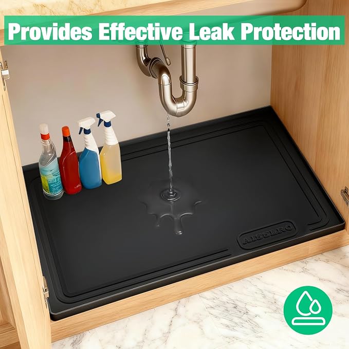 Under Sink Mat 34" X 22", Waterproof Silicone Cabinet Kitchen Liner, Black | BPA-Free Raised-Edge Cabinet Protector & Leak Tray for Bathroom Cabinets, Boots, Pet Feeding Dog & Cat Mats, Dishwasher Safe