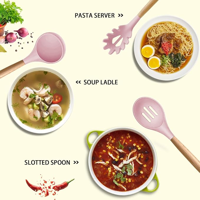 MIBOTE Silicone Cooking Kitchen Utensils Set, Wooden Handle, Pinky | BPA-Free, Non-Toxic Silicone Turner, Tongs, Spatula, Spoon Set – Great for Nonstick Cookware, Heat-Resistant, Easy Clean