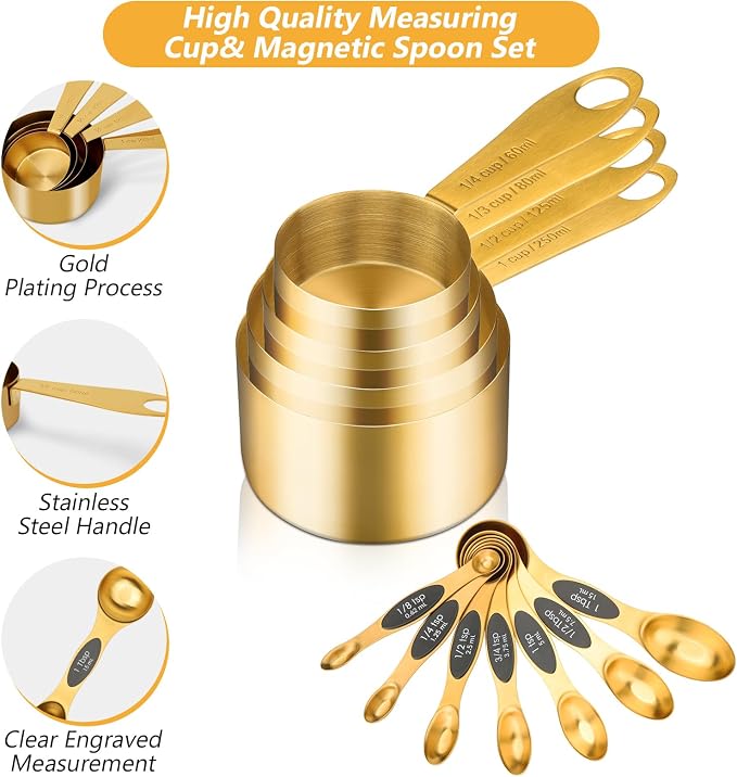 GuDoQi Gold Magnetic Measuring Spoons and Cups Set of 12, 8 Dual Sided Magnetic Measuring Spoons set with Leveler, 4 Measuring Cups, Premium Stainless Steel, Measuring for Liquid and Dry Ingredients