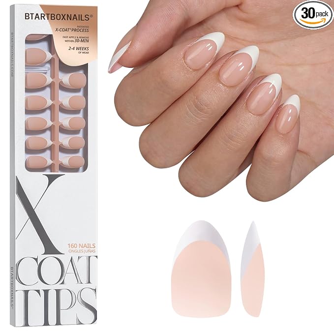BTArtboxnails XCOATTIPS White French Tip Press On Nails, S Almond, Nude | Lamp-Curable 4-Week Wear, Salon Quality Value at Home, Natural Nail Look, Easy-to-Apply for Beginners, 160ct Nail Tips Only