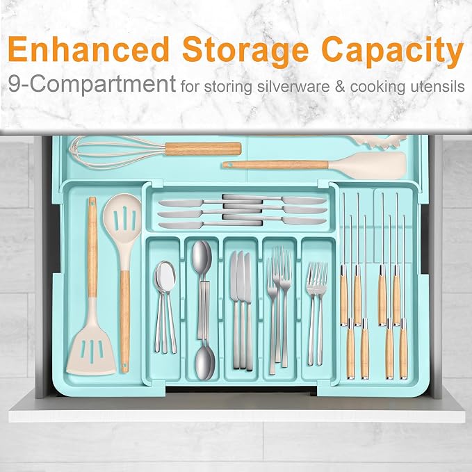 Silverware Organizer - Expandable Large Kitchen Drawer Organizer Utensil Organizer with 2 Knife Block Inserts, 22"x 19"Cutlery Tray with Drawer Dividers for Kitchen Flatware (Turquoise)