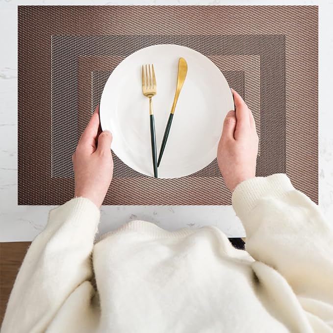 PIGCHCY Durable Plastic Placemats - Heat Resistant, Washable Woven Table Mats - Set of 4 (Coffee Brown)