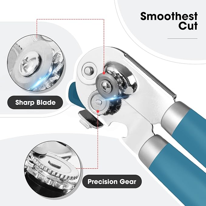 Beneno Heavy Duty Hand Can Opener Manual with Magnet Lid Remover, Aqua | Razor-Sharp Carbon Steel Blade, Precise Smooth Cutting Gear, Big Effort-Saving Knob, Soft Grip Handle, Built-in Bottle Opener