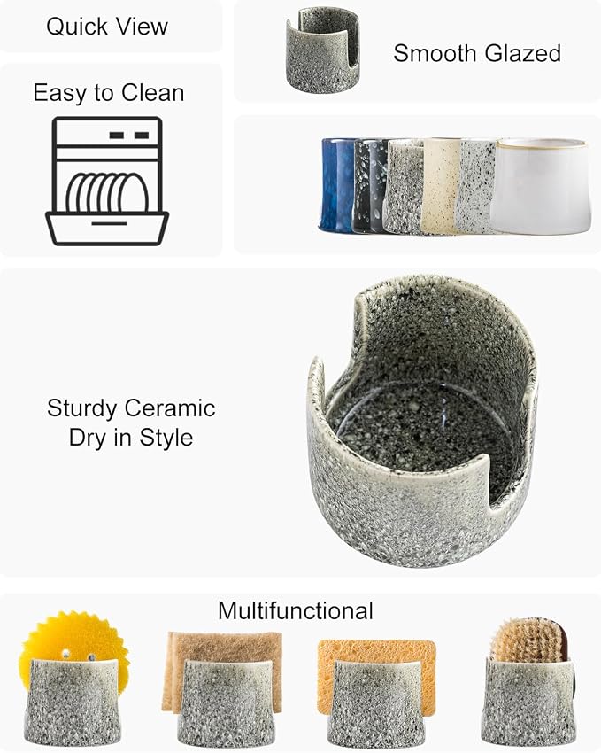 Zoeeker Kitchen Sponge Holder, Ceramic Dish Sponge Holder Scrubby Daddy | Cute Sink Caddy Dish Brush Drying Rack Scouring Pad Holder for Bathroom Countertop, Farmhouse Kitchen Decor, Special Gray