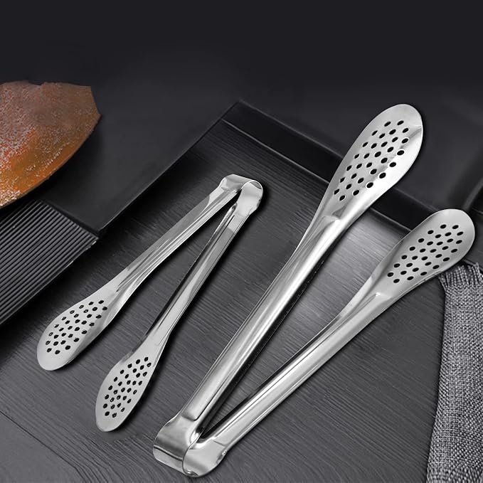 6 Pack Buffet Tongs,Stainless Steel Serving Tongs Serving Utensils 7Inch | 6-piece silver set with perforated tips for salads, appetizers, bread, desserts, parties, catering and family meals