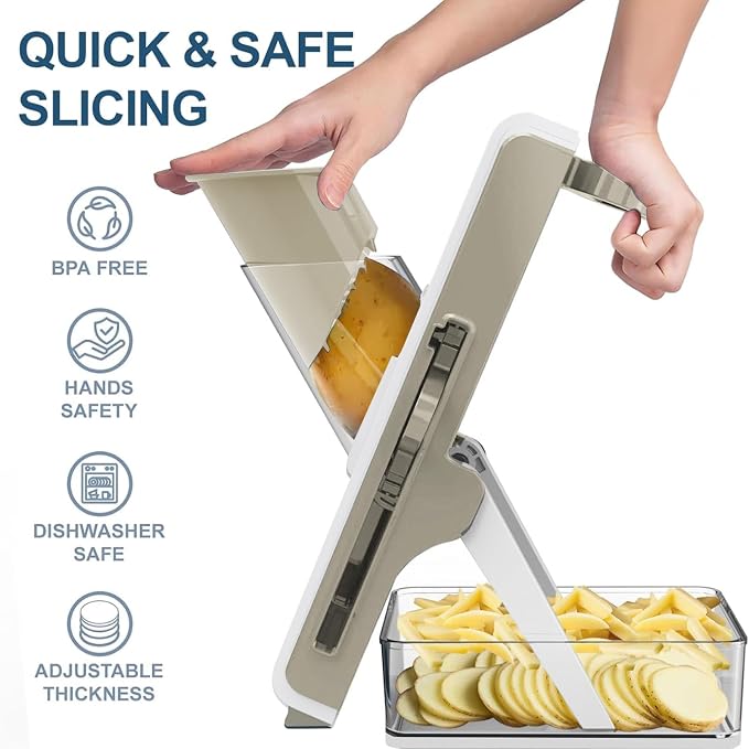 Eletronova Safe Mandoline Slicer for Kitchen, Vegetable Slicer with Container, French Fry Cutter, All in 1 Julienne Slicer for Potato, Thickness Adjustable, Detachable Blade (White Light Gray)