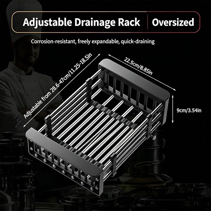 Expandable Sink Dish Drying Rack, Stainless Steel & ABS Sink Colander, Adjustable, Non-Slip, Over The Sink Storage Rack for Kitchen Fruit, Vegetable and Dish Drying (Black, Large)