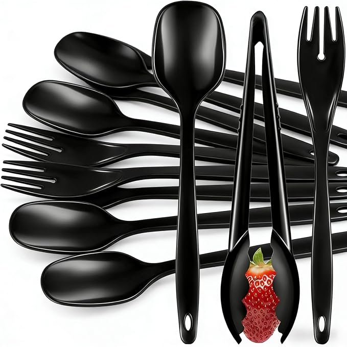 20Pcs Disposable Plastic Serving Utensils, Buffet Serving Utensils Set | 8 Black Plastic Serving Spoons, 4 Tongs, 8 Forks for Catering, Entertaining and Parties