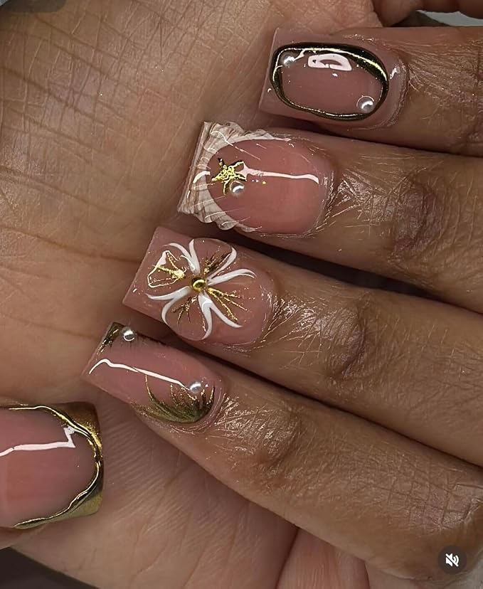 Flower Press on Nails Luxury 3D Pearl Starfish Embossed Designs Salon Quality False Nails Full Cover Short Square Acrylic Nail Handmade Press on Nails Golden French Tip Stick on Nail for Women (S)