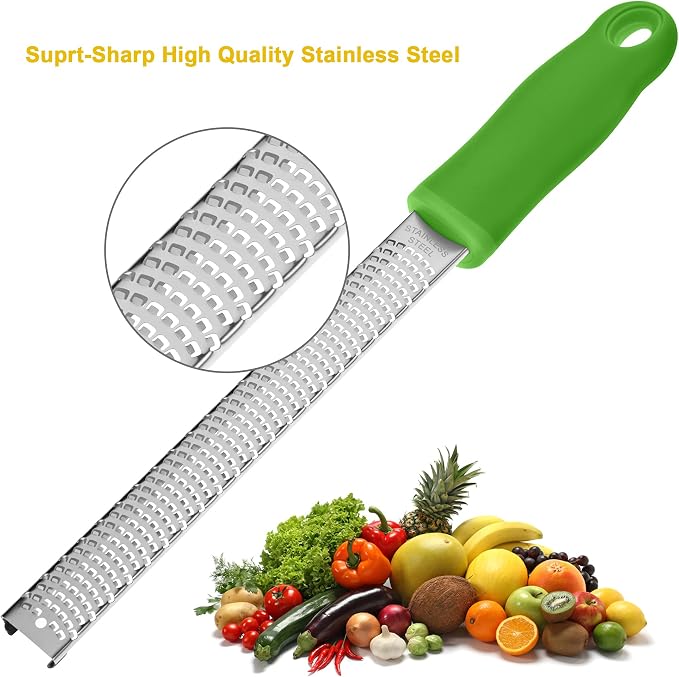 8-Inch Lemon Zester & Cheese Grater, 18/8 Stainless Steel, Green | Fine 18/8 Stainless Steel Blade for Citrus, Parmesan, Ginger and Garlic, Soft Non-slip Handle, Cover, Dishwasher Safe