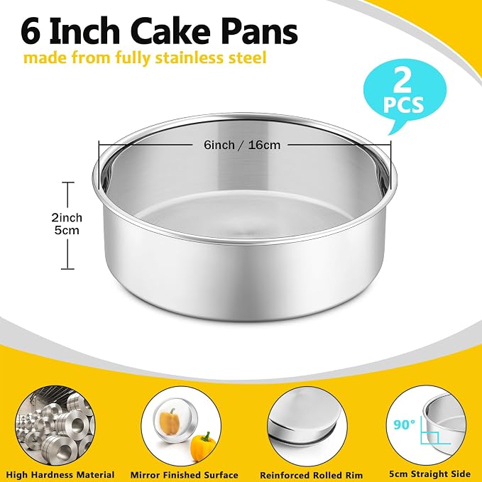 P&P CHEF 6 Inch Cake Pan Set of 2, Stainless Steel Round Baking Cake Pans | For Baking Serving, Non Toxic & Healthy, Leak-proof & Easy Clean, Mirror Finish & Easy Releasing, Oven & Dishwasher Safe