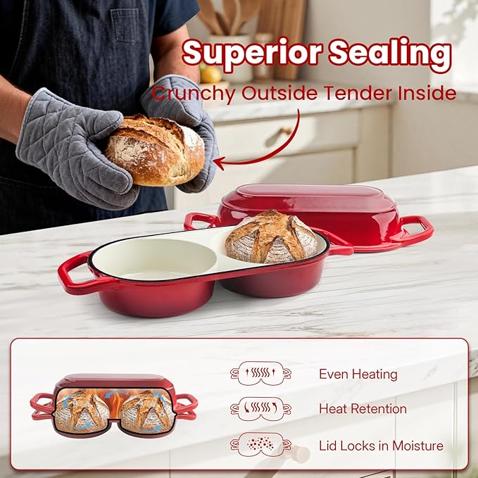YONILL Mini Double Dutch Oven with Lid for Sourdough Bread Baking (Red) | Enameled Cast Iron Pot with Lid, 5" Banneton Bread Proofing Basket Include, Dual Round Bread Loaf Pan for Homemade Baking