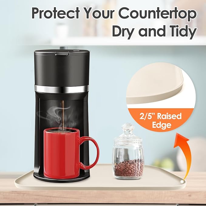 Silicone Coffee Maker Mat with Lip for Countertops 17.4''x10.6''Cream White | Multi leak-proof coffee tray for countertop, non-slip silicone mat fits most coffee makers & espresso machines, wipe-clean