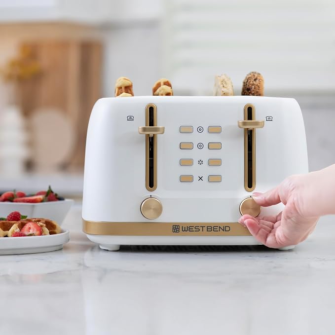 West Bend Timeless 4-Slice Toaster, Stainless Steel, in White Gold | West Bend Timeless 4-Slice Toaster, Bagel, Waffle, Defrost, High-Lift Lever, Stainless Steel, in White Gold