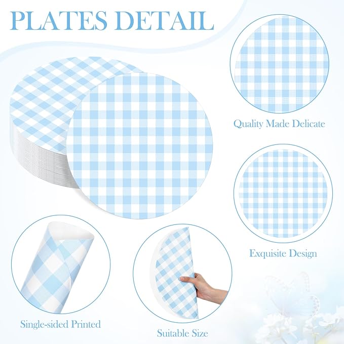 Funnymoom 60 Pcs Blue and White Gingham Disposable Paper Placemats Round Table Place Mat Summer Checkered Decorative Paper for Baby Shower Wedding Birthday Party Dinner Table Decor