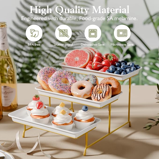 Bumusty 3-Tier Melamine Serving Tray Set, 11.5 x 5.6 in, Gold Stand | Melamine Reusable Platters with Metal Display Stand for Cupcakes, Desserts, Fruit, Cookies, Parties, Birthdays and Holidays
