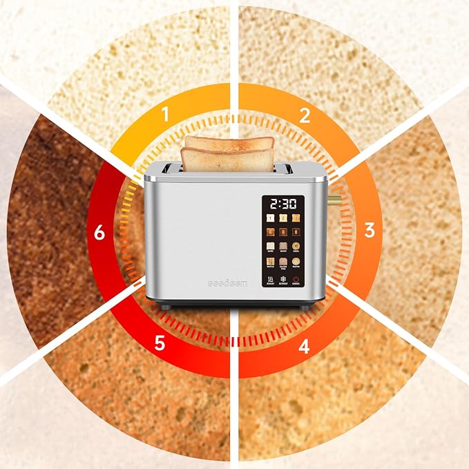 SEEDEEM 2 Slice Toaster with Full Touch Screen, Stainless Steel, 6 Bread Types & 6 Shade Settings, Countdown Display, Removable Crumb Tray, 900W, Silver