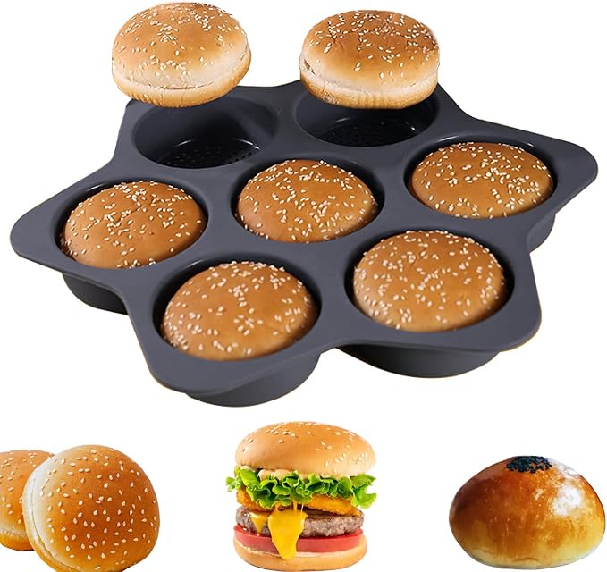 7-cavity Silicone Hamburger Bun Pan, Nonstick Loaf Pan & Heat Resistant Burger Bun Pans for Baking, Bread Pans for Homemade Bread, Bread pans for baking, Easy to Use Burger Pan