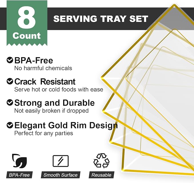 FOCUSLINE 8 PCS Plastic Serving Trays for Party, Clear Gold Rim Platters | Durable Construction, Elegant Appearance, Disposable and Reusable, Ideal for Parties, Weddings, Catering, Desserts