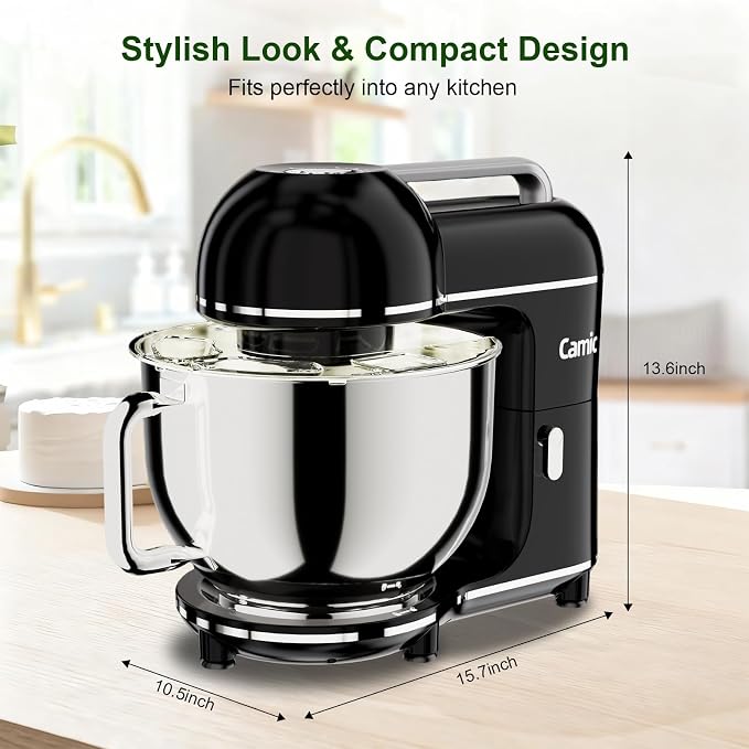 Camic Electric Stand Mixer,7.45 QT,10 Speeds with Dough Hook,Whisk, Flat Beater Attachments, Splash Guard, Easy-Carry Top Handle,3-IN-1 Kitchen Mixer for Baking Cakes Cookie Bread Salad (Black)